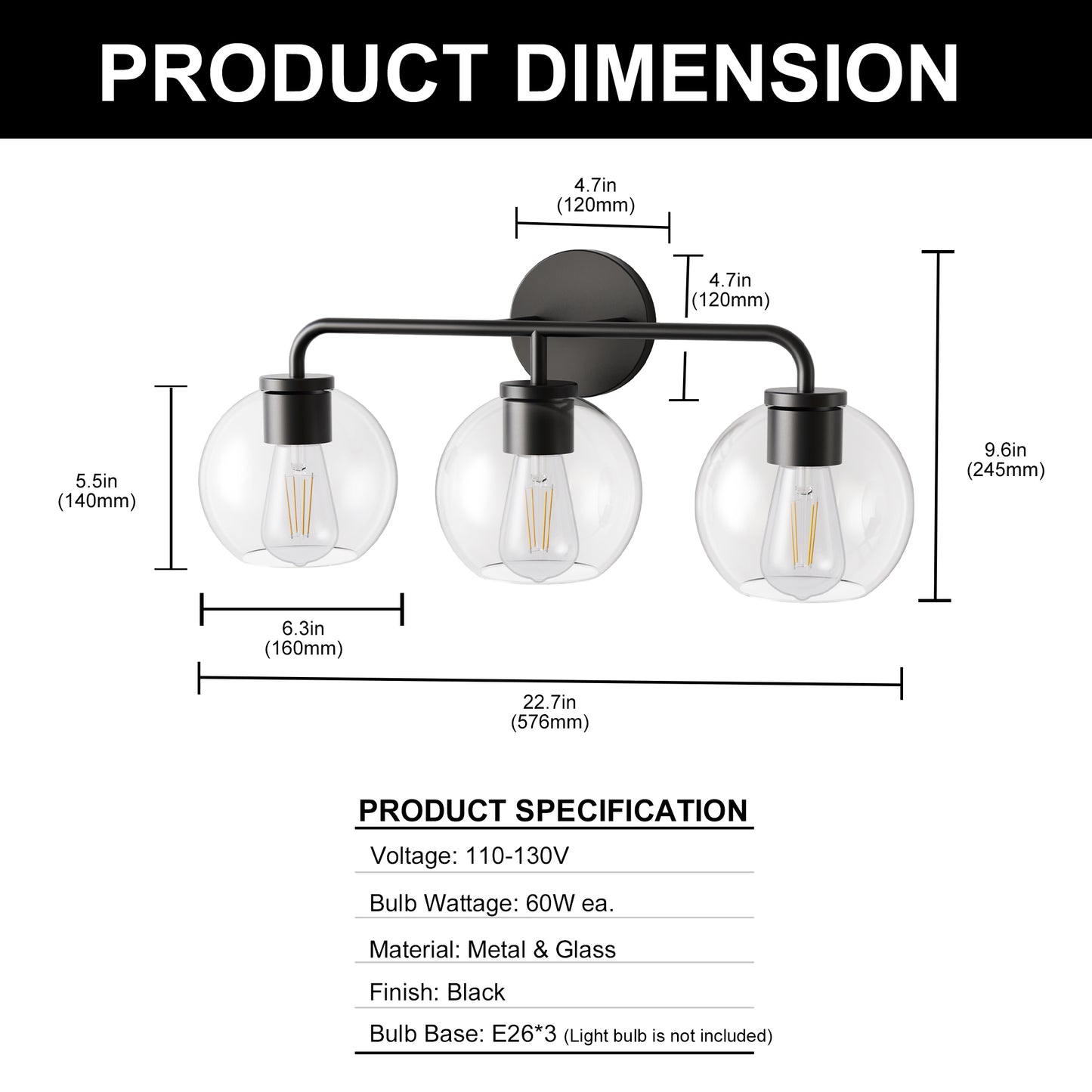 YANSUN 22.7 in. 3 Light Black Vanity Light with Clear Globe Shades Modern Round Wall Mount Wall Light for Bathroom E26 Base