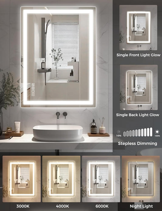 YANSUN LED Bathroom Mirror Vanity Light with Front & Backlight, Dimmable 3CCT, Anti-Fog, Shatter-Proof, Memory, Night Light