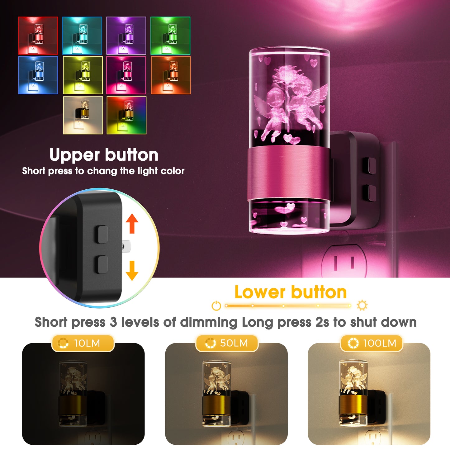 YANSUN 2-Pack Plug-in Photocell Night Light, Warm Glow Dimmable Wall Sconce Style Lighting with Metal & Acrylic Accents