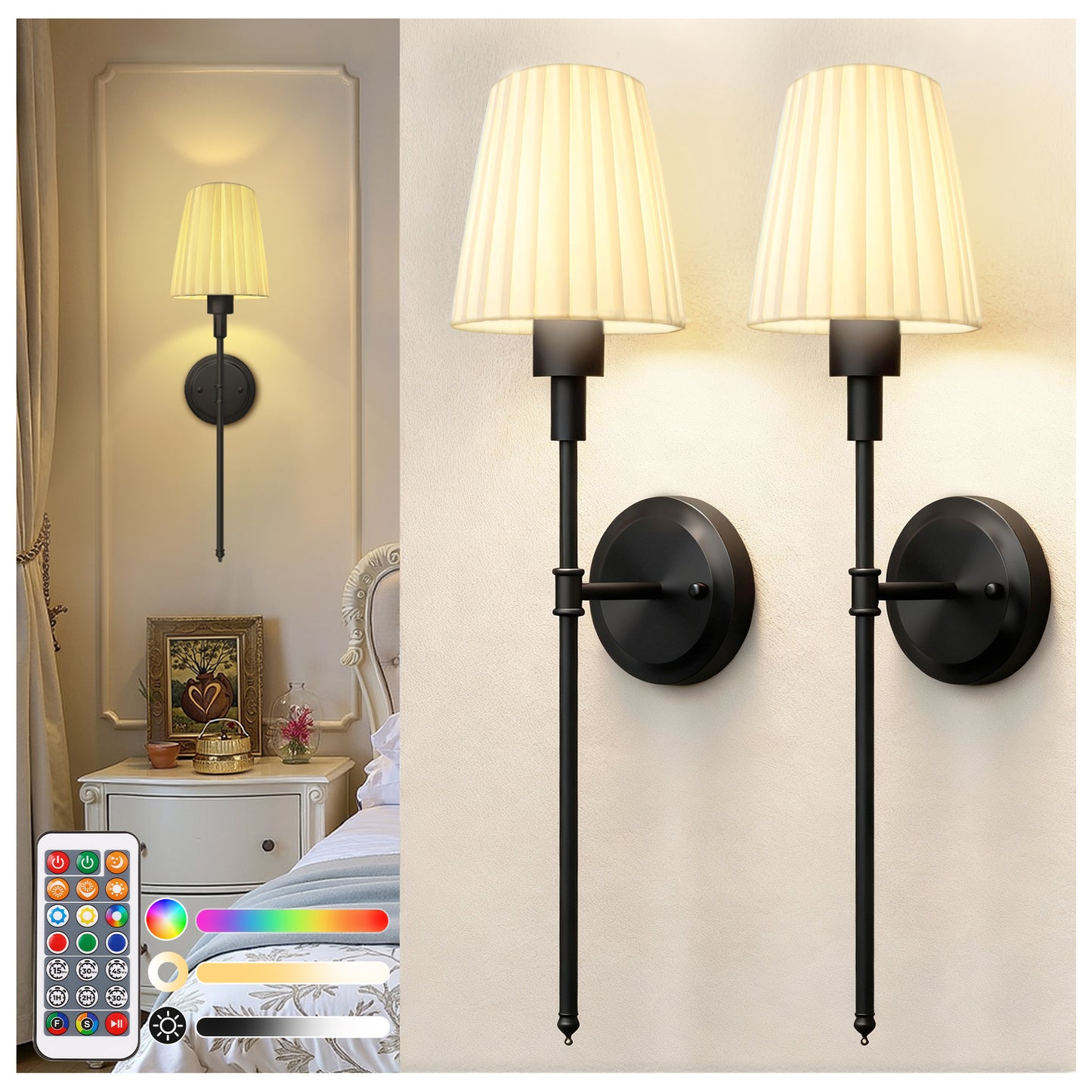 YANSUN Set of 2 Fabric Shade Wall Sconces with Adjustable Color Lighting, Matte Black Finish, Modern Indoor Wall Light (9.8in)