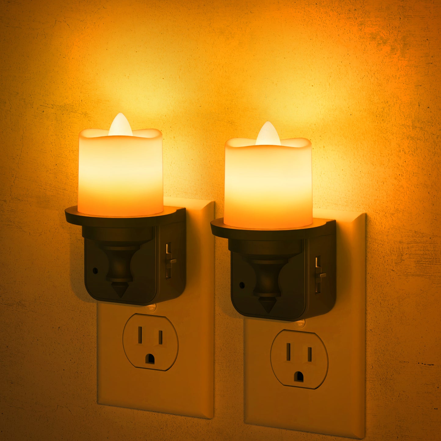 YANSUN 2-Pack 1W Plug-in Candle Night Light, Amber 1600K, Slide Dimmer, Black Base, US Plug, Light-Controlled