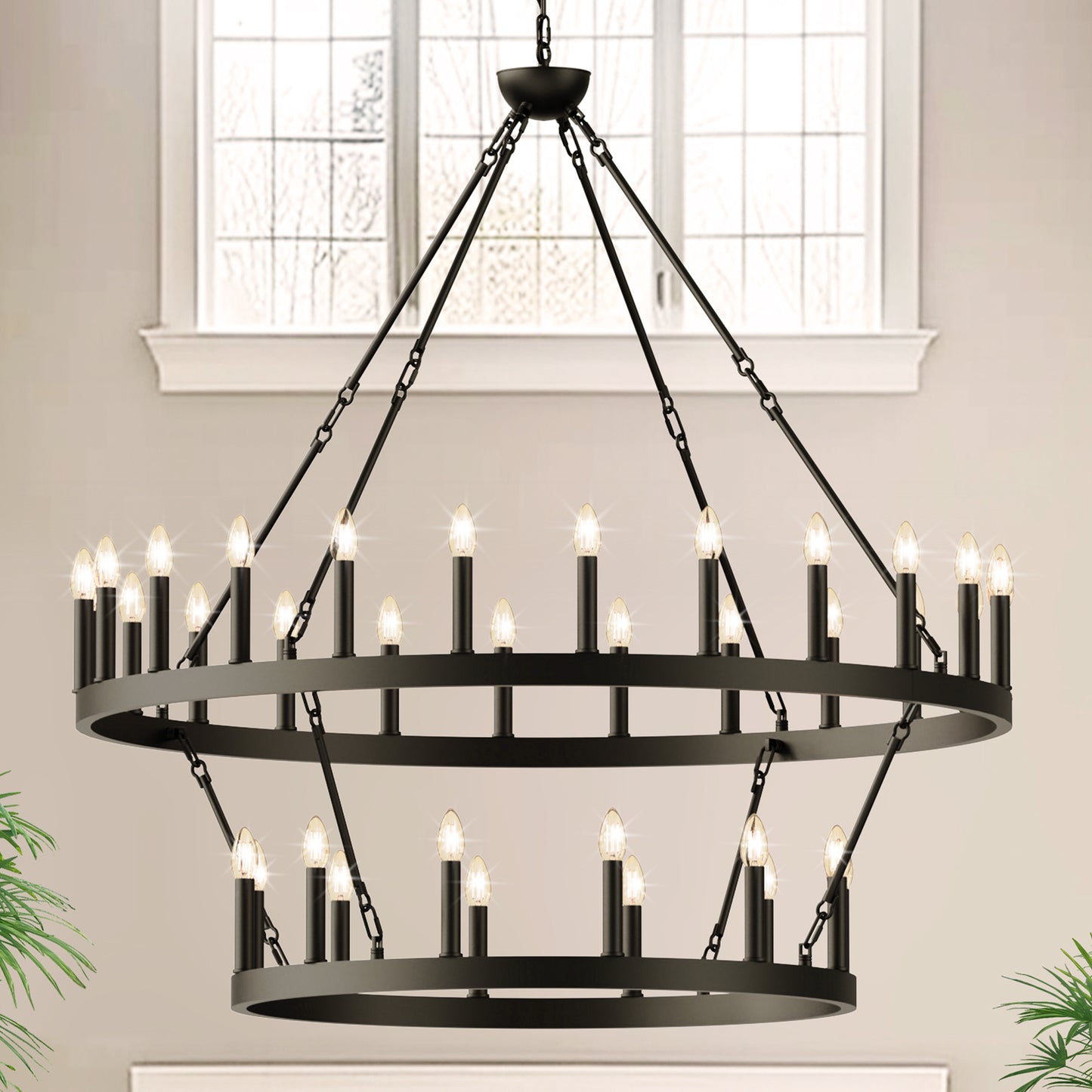 YANSUN 36-Light Black Wagon Wheel Chandelier with Double Ring FrameE12 Oversized Farmhouse Fixture (Light Bulbs Not Included)