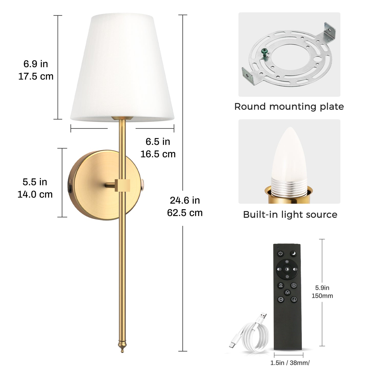 YANSUN 8 in. 1-Light gold Wall Sconce Lamp, Indoor with White Fabric Shade Suitable for Living Room (2-Pack)