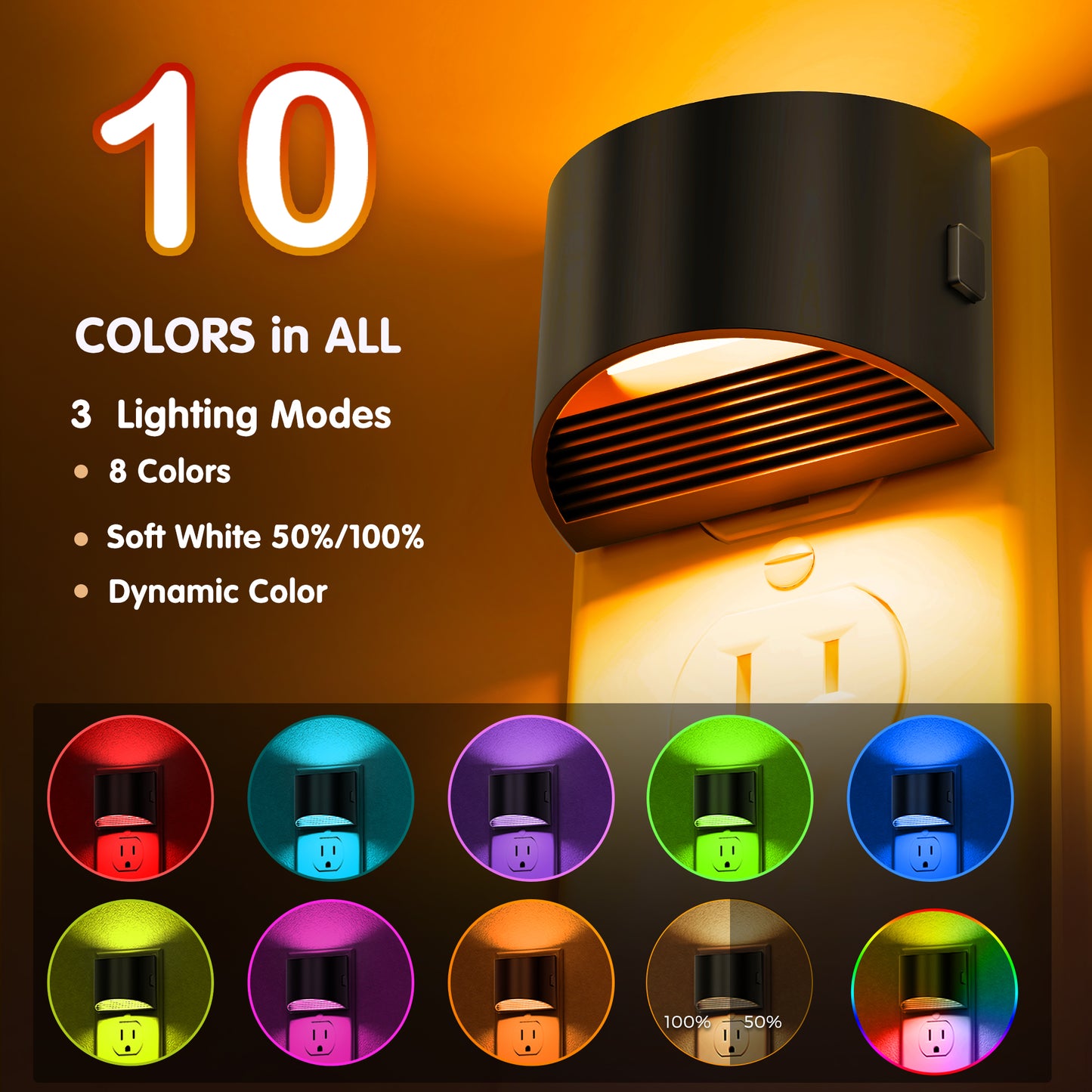 YANSUN 1-Watt Color Changing Integrated LED Semi-Crescent Wall-Like Night Light, Button Adjustable, Light Sensor, 2-Pack