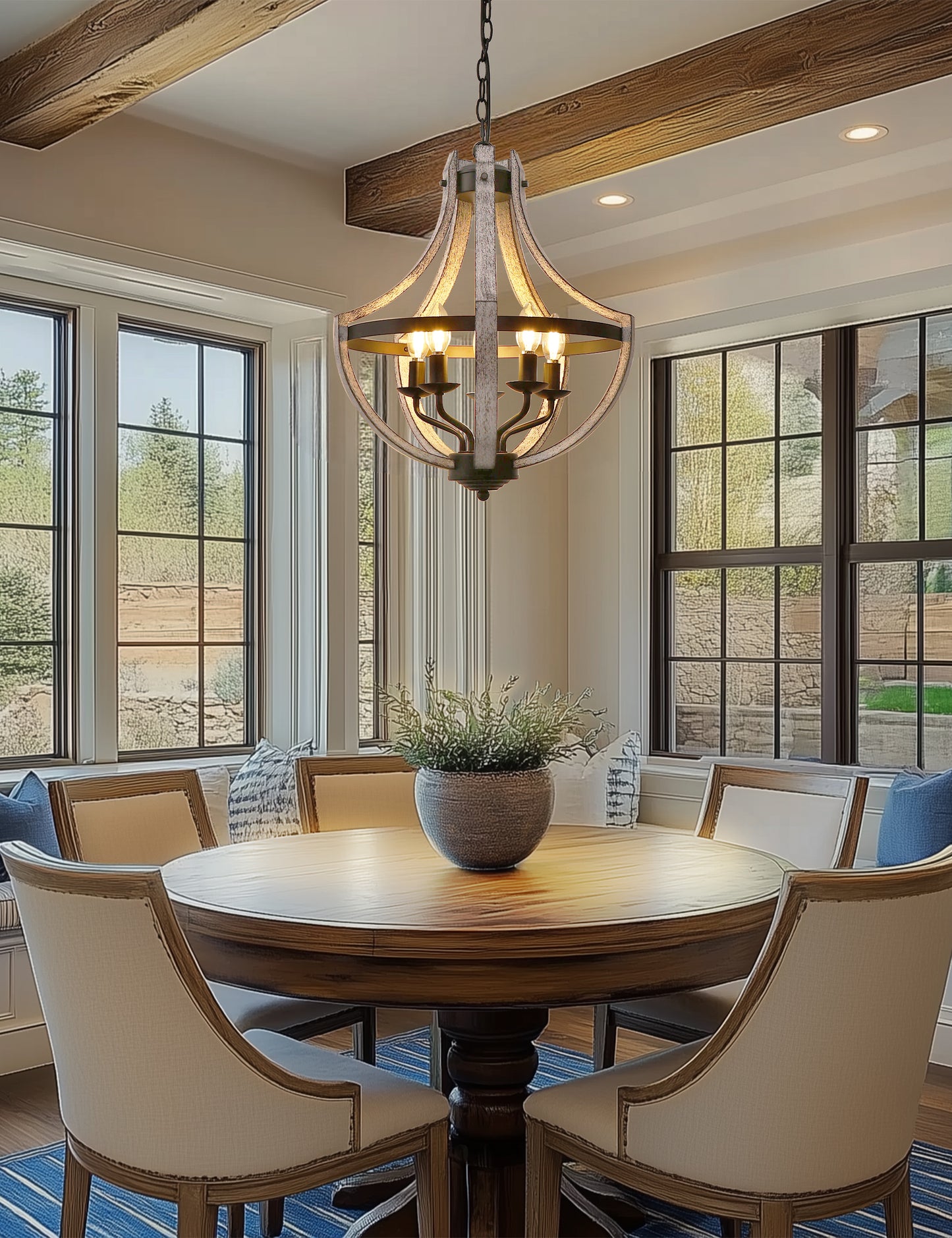 YANSUN 5-Light Wood Grain and Matte Black Anchor-Shaped Geometric Chandelier with E12 Base