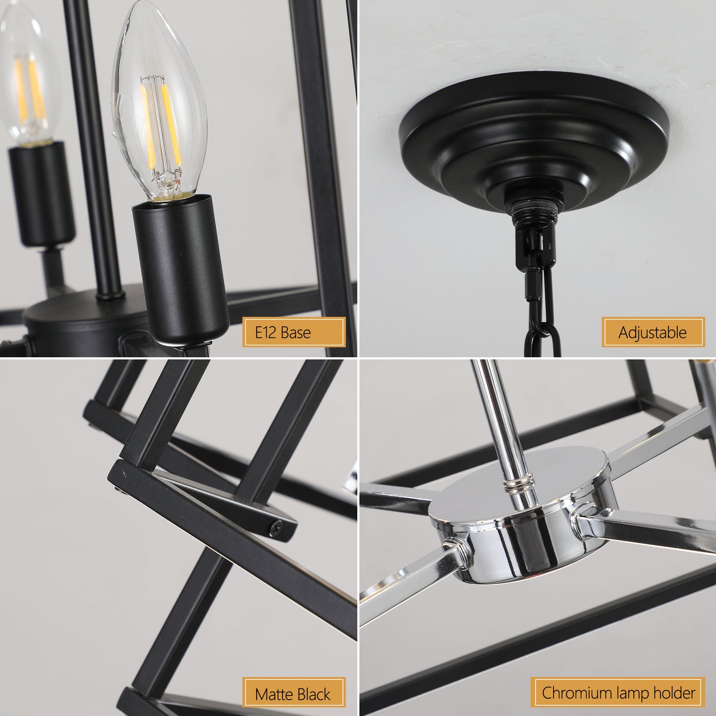 YANSUN Modern 8-Light Black & Chrome Geometric Pendant Chandelier, Industrial Adjustable Hanging Light for Living Room,Dining Room, Kitchen (No Bulbs)