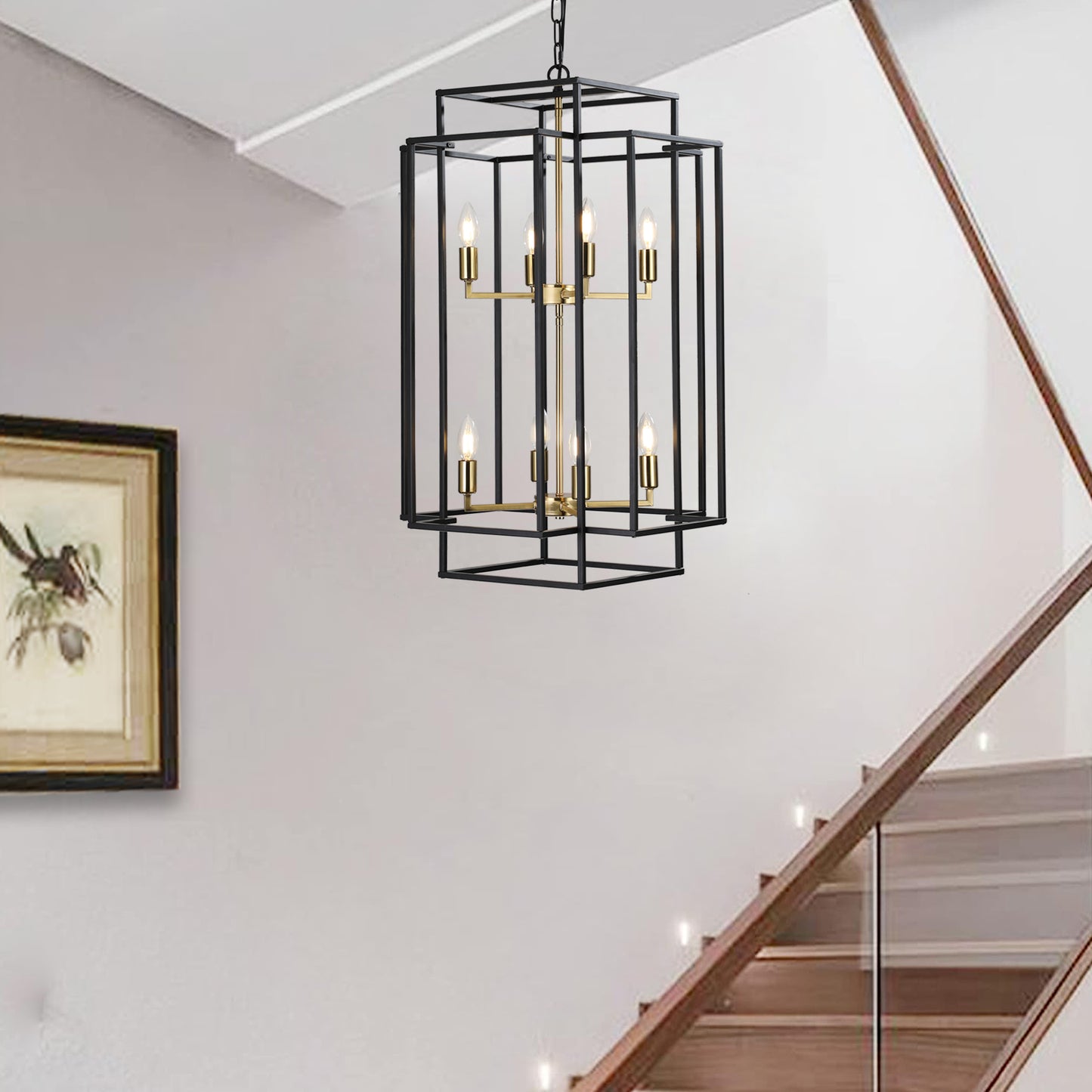 YANSUN Farmhouse Gold 8-Light Pendant Light, Adjustable Height, E12 Base, Iron Frame for Kitchen Island & Foyer (Bulbs Not Included)