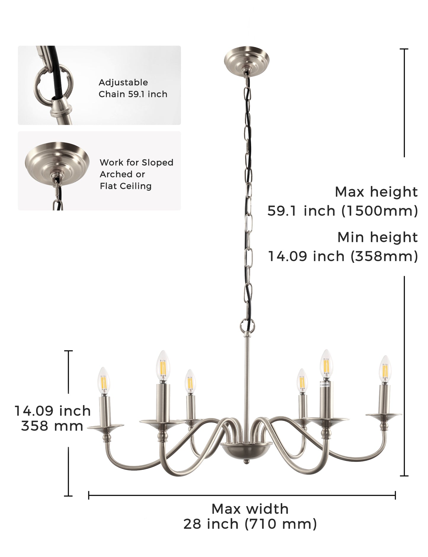 YANSUN 6-Light Nickel Branch Chandelier Modern Ceiling Pendant Light Fixture E12