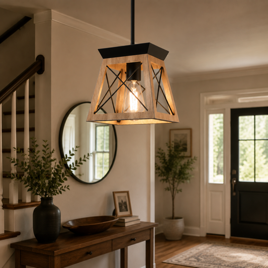 YANSUN 1-Light Rustic Industrial Pendant Light with Dark Wood Grain Finish Iron Rod Hanging Ceiling Fixture