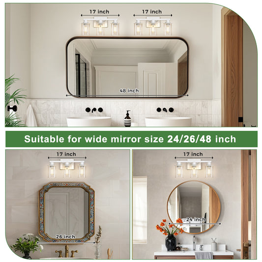 YANSUN 3-Light Vanity Mirror Light, 17-Inch Length, Hand-Finished White Rustic Finish, ETL Certified, E26 Sockets