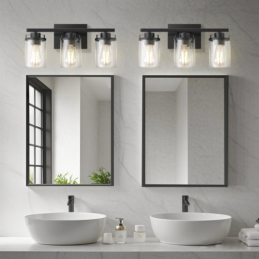 YANSUN 18 in. 3-Light Black Vanity Light with Cylinder Clear Glass Shade for Bathrooms Powder Rooms or Dressing Rooms