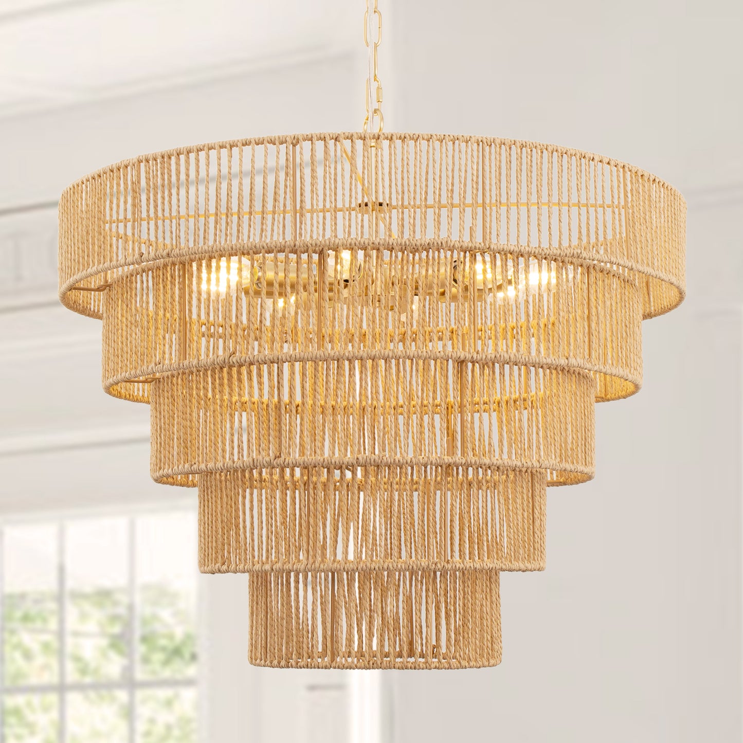 YANSUN 5-Tier 8-Light Farmshouse Antique Brass Boho Chandelier with Handwoven Rattan Shade for Kitchen, E12 No Bulbs Included