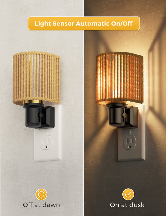 YANSUN 1-Pack 1W Dusk to Dawn Plug-in Night Light Boho Rope Shade Warm White 2700K Dimmable LED Night Light with Gold Ring Accent for Bedroom Hallway