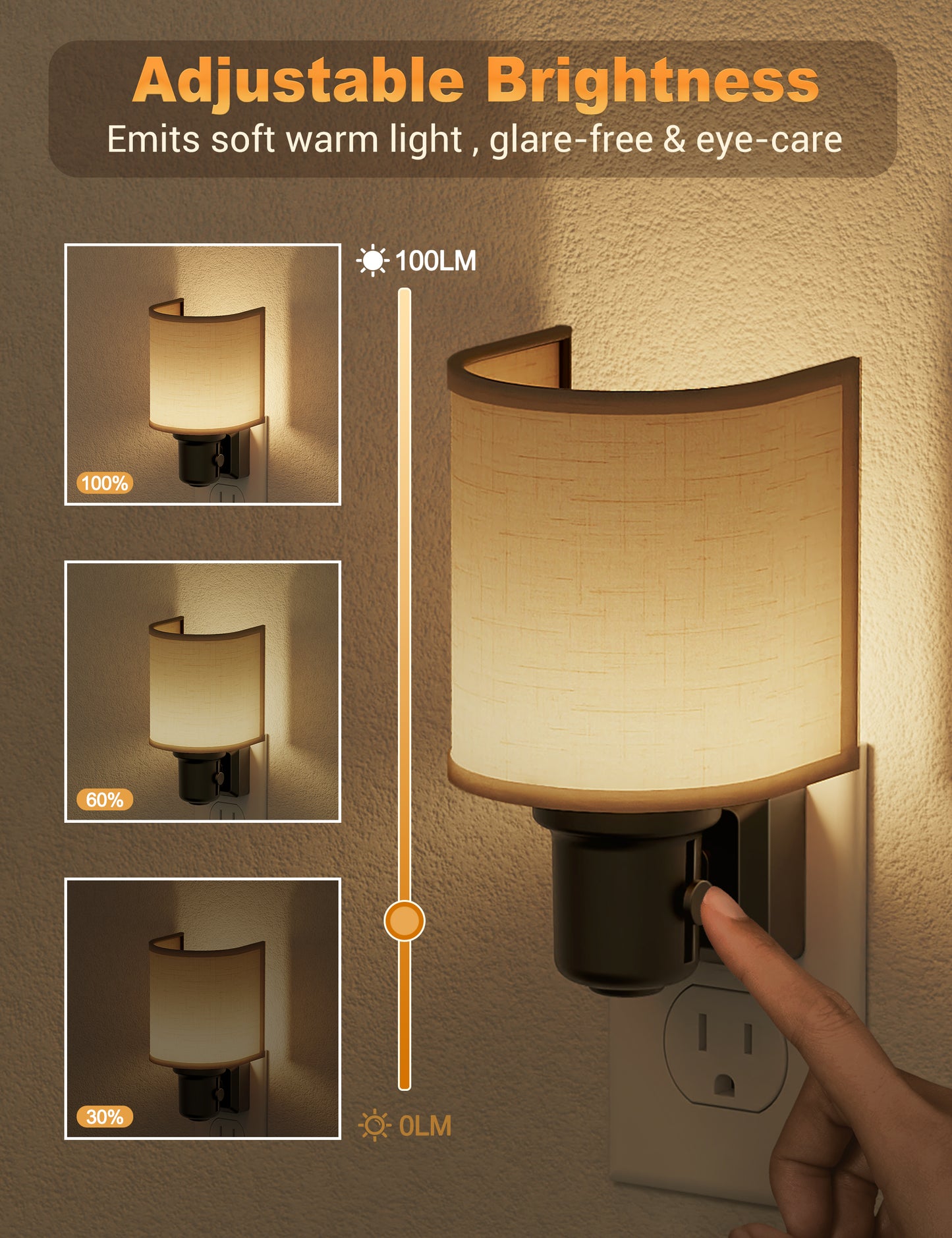 YANSUN 2-Pack 1W Dusk to Dawn Plug-in Night Lights Boho Fabric Shade 2700K Warm White LED Night Lights with Gold Ring Accent Dimmable for Bedroom Hallway