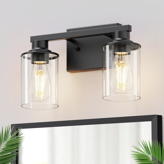 YANSUN 14.17 in. 2-Light Vintage Matte Black Vanity Light with Cylindrical Glass Shades, E26 Base Bathroom Fixture