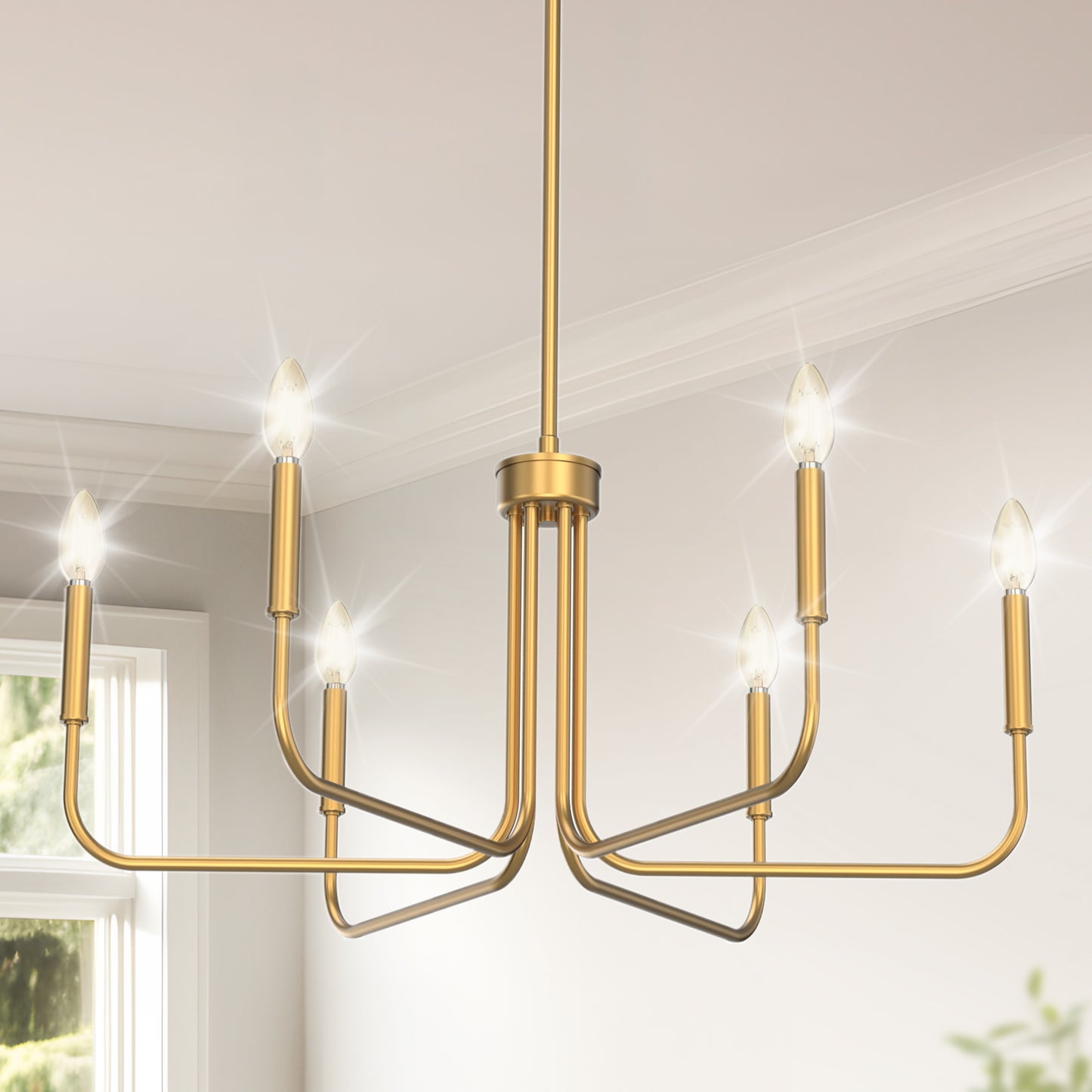 YANSUN 28 in. Gold 6-Light Farmhouse Rustic Candle Ceiling Chandelier, Adjustable Height for Dining Room Living Room and Foyer
