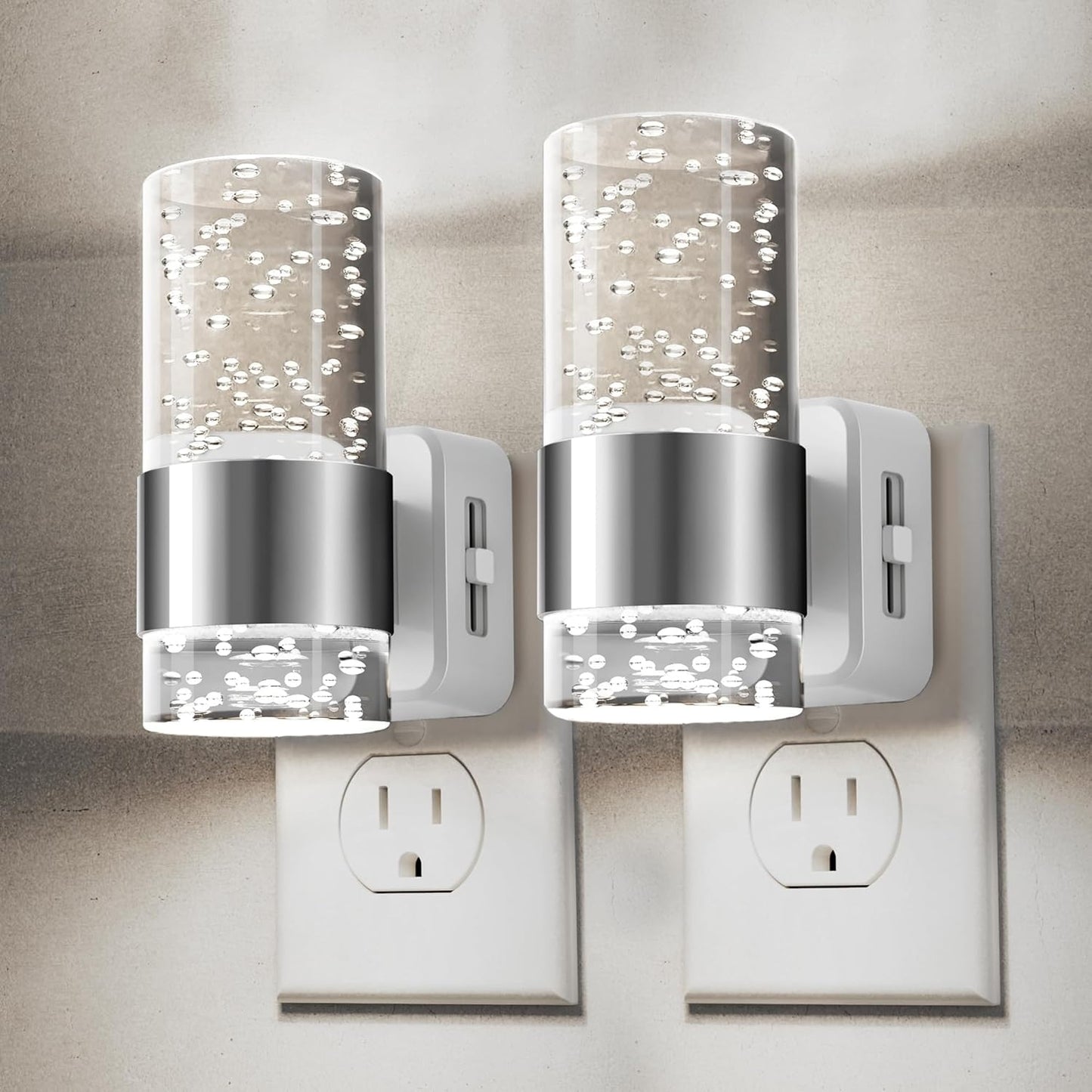 YANSUN 1W Integrated LED Plug-In Night Light, White 5000K, Bubble Acrylic Long + Short Cylinder, Up & Down Beam, 2-Pack