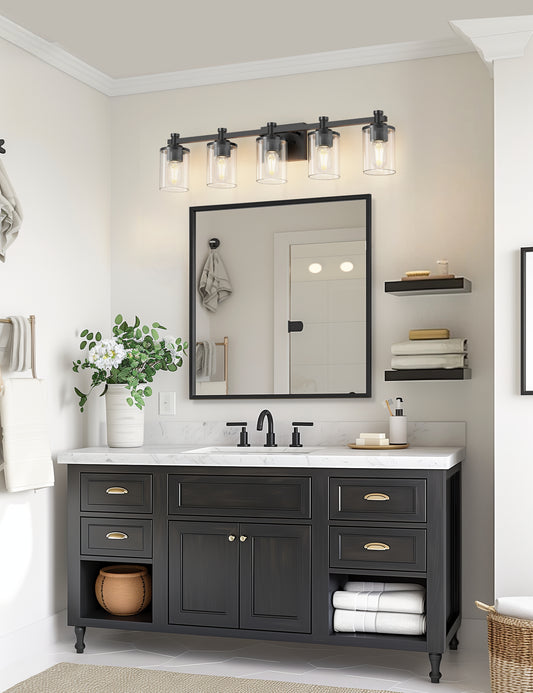 YANSUN 33 in. 5-Light Black Bathroom Vanity Light for Bathroom Bedroom or Hallway with Clear Glass Shades