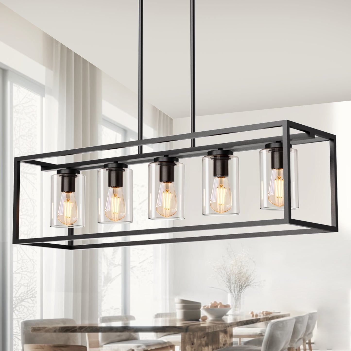 YANSUN 5-Light Island Light, Clear Glass Shades, E26 Sockets, Non-Integrated Light Source