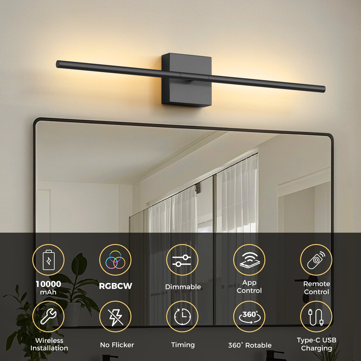YANSUN 2-Pack Indoor Wall Light, 1-Head LED, RGB+CCT, Remote & App Control, Music Sync, Dynamic Flow Effect, 71.5cm Rod
