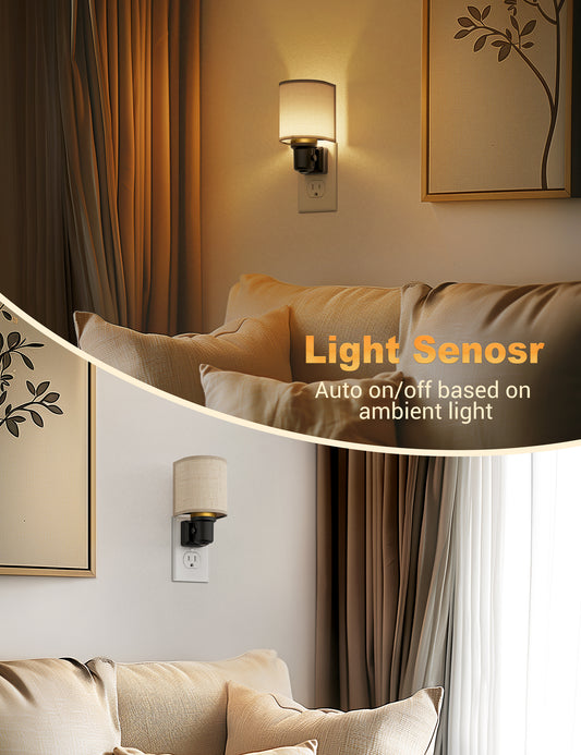 YANSUN 2-Pack 1W Dusk to Dawn Plug-in Night Lights Boho Fabric Shade 2700K Warm White LED Night Lights with Gold Ring Accent Dimmable for Bedroom Hallway