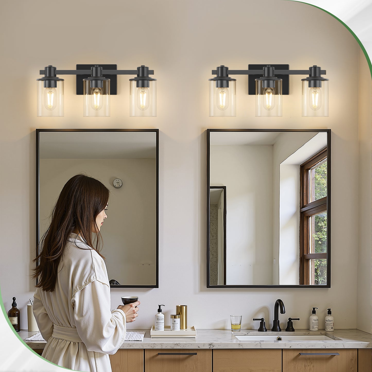 YANSUN 20 in. 3-Light Matte Black Damp Rated Vanity Light Clear Glass Shade with Dimmable No Bulbs Included