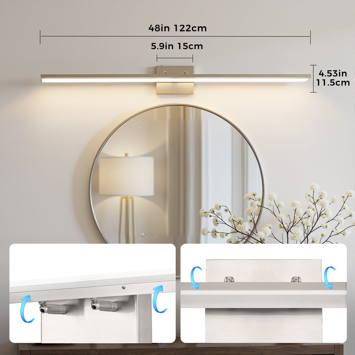 YANSUN LED Modern Vanity Light, 36W Integrated LED, 48-Inch, Metal Construction, Remote Control 5CCT, Satin Nickel Finish