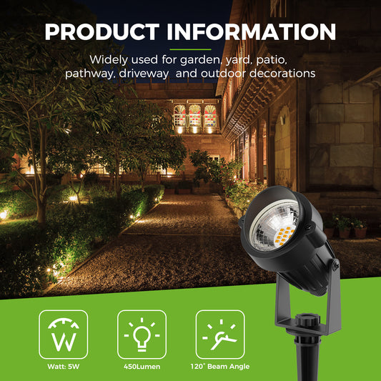YANSUN 2-Pack Dusk-to-Dawn Outdoor LED Spotlights - IP66 Waterproof 8.27in Stake, UL 3-Prong Cord, 5W 450LM 2700K Warm Glow for Yard