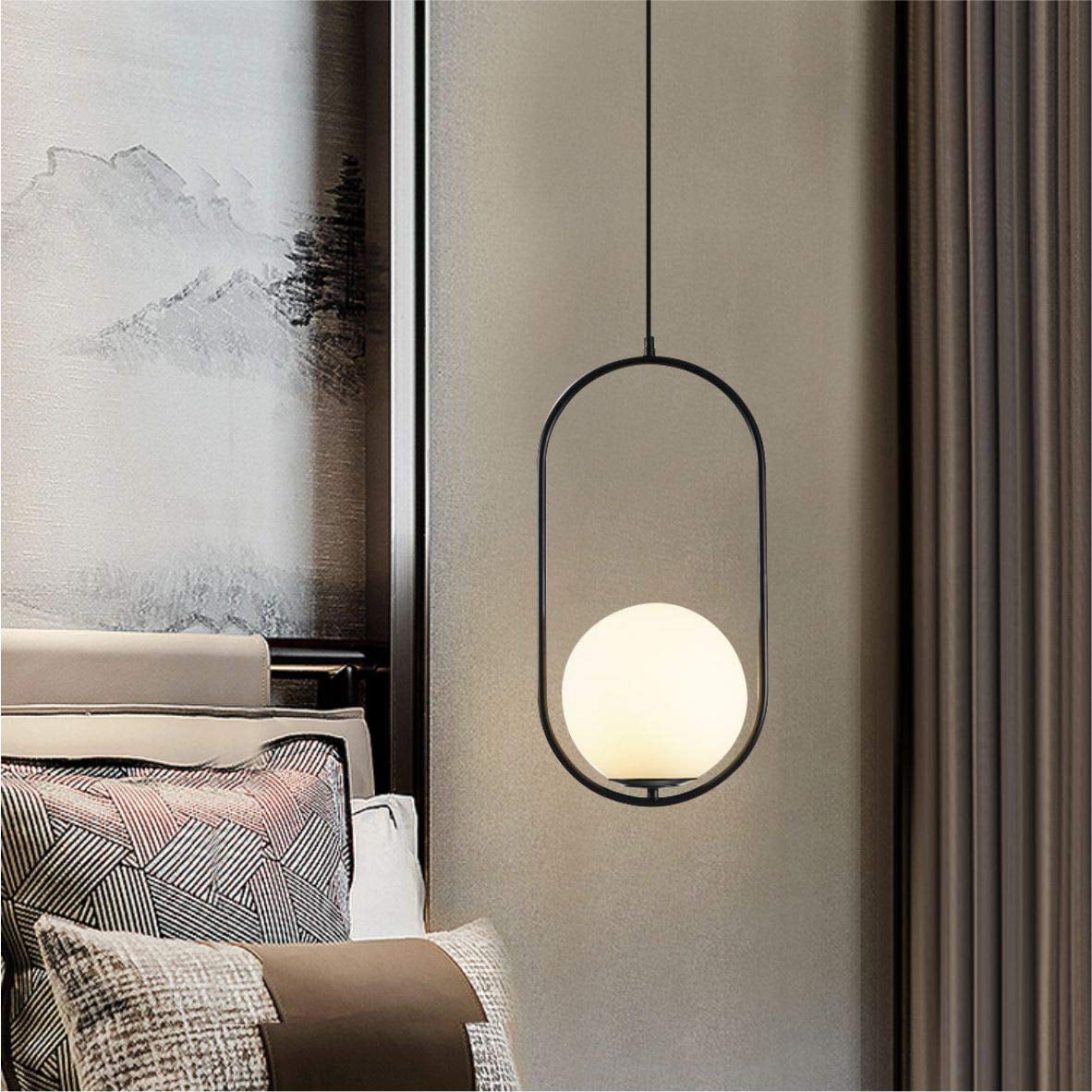Modern Globe Pendant Light Mid Century Chandelier ,Single Milk Glass Round Hanging Lighting Lamp Mini Farmhouse Kitchen Island Lighting,Black