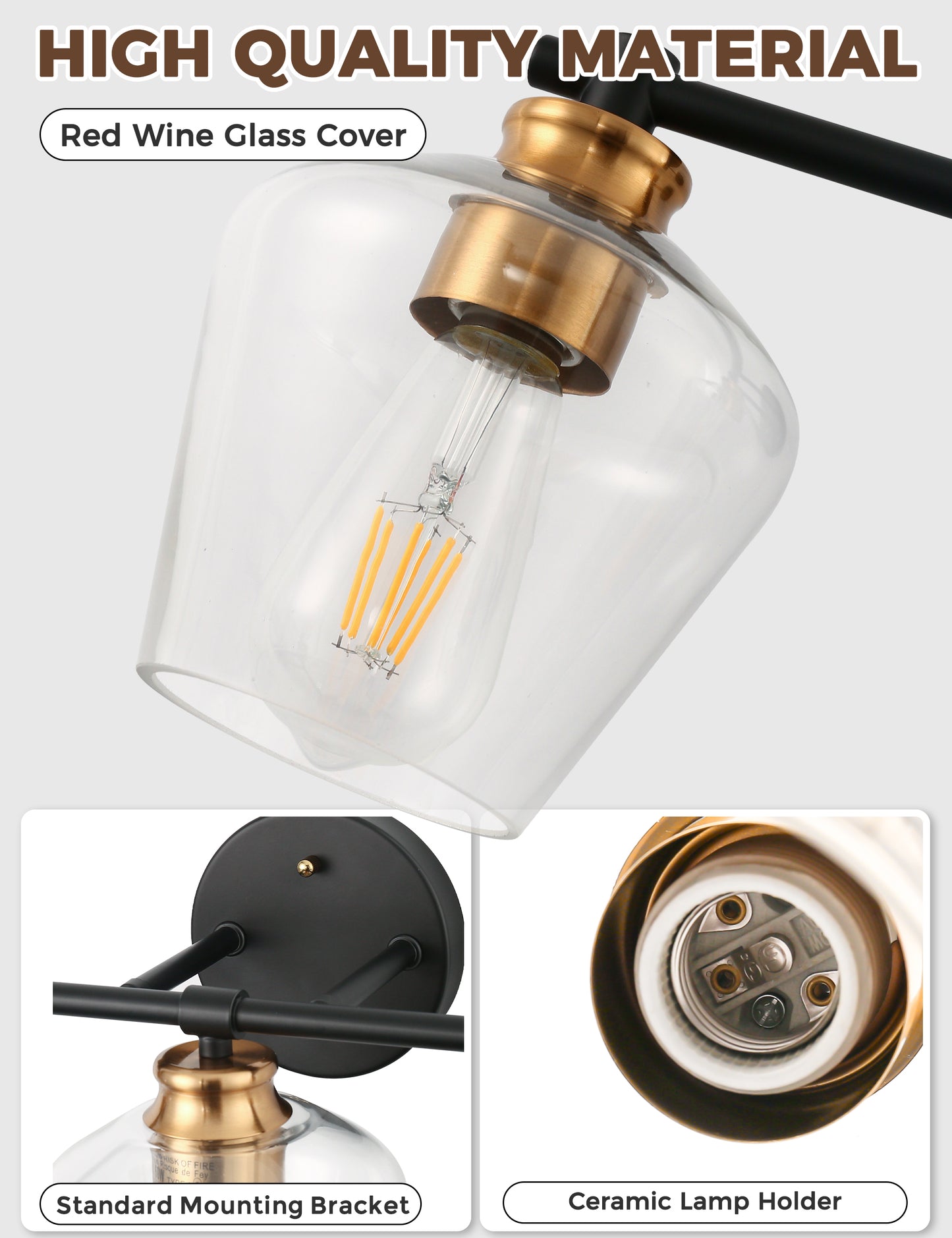 YANSUN 22 in. Black and Gold 3-Light Vanity Light with Clear Glass Shade for Vanity Powder Room Dressing Room