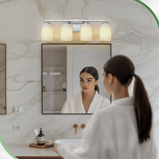 YANSUN 24 in. 4-Light Nickel Bathroom Vanity Light with Cylinder Frosted Glass Shade for Powder Room or Dressing Room