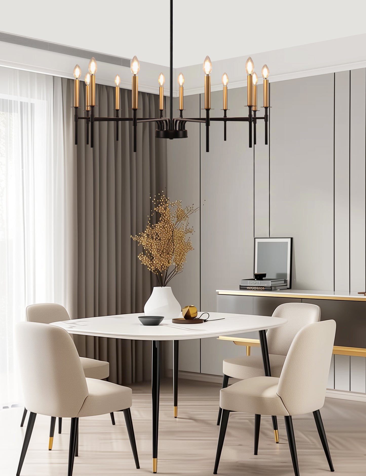YANSUN 12-Light Black Gold Pendant Chandelier Modern Ceiling Hanging Light Fixture E12
