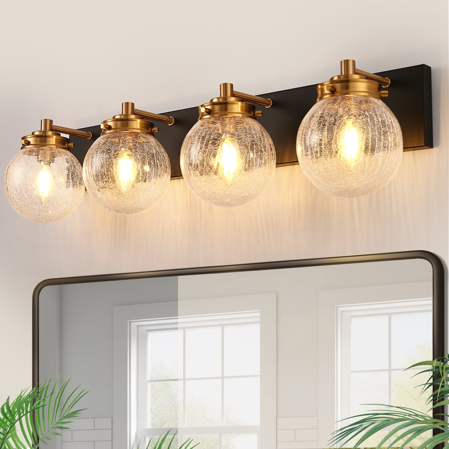 YANSUN 30 in. 4-Light Black and Gold Glass Bathroom Vanity Light 3-Light Wall Sconce with No Bulbs Included