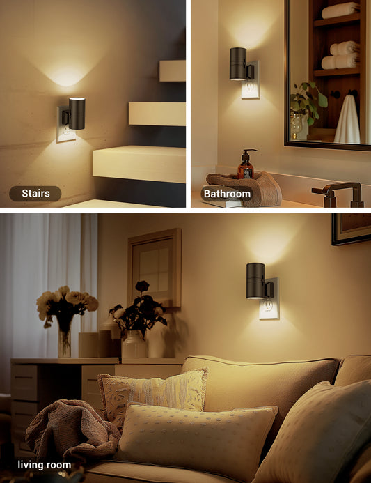 YANSUN 2-Pack Cylindrical Wall Style Night Light with Black Finish, Warm White 3000K Decorative Lighting
