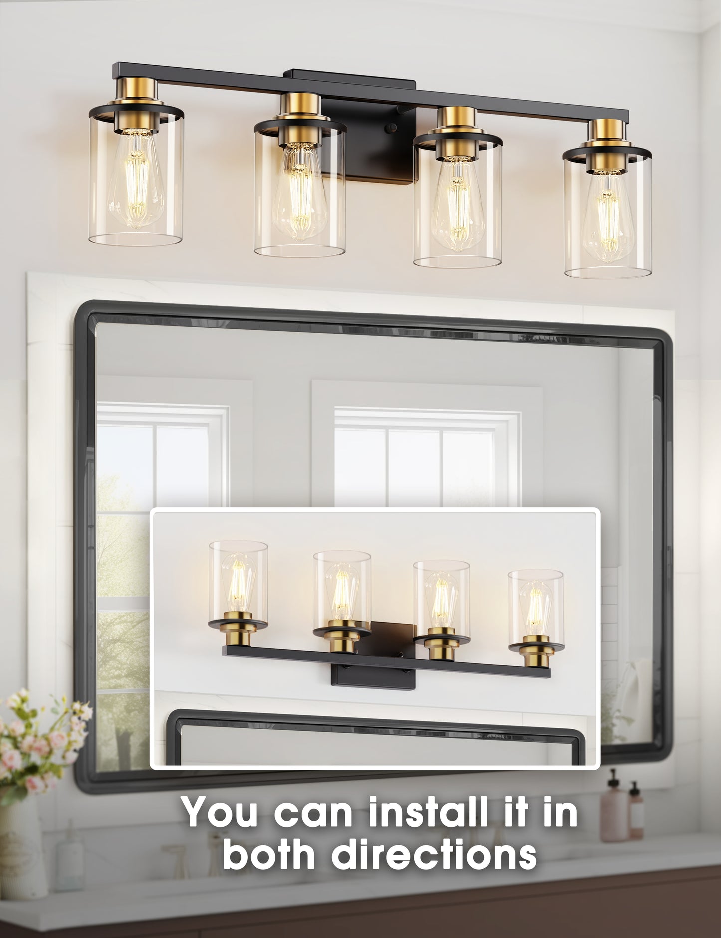 YANSUN 28 in. 4-Light Black and Gold Bathroom Vanity Light with Clear Glass Shades for Over Mirror