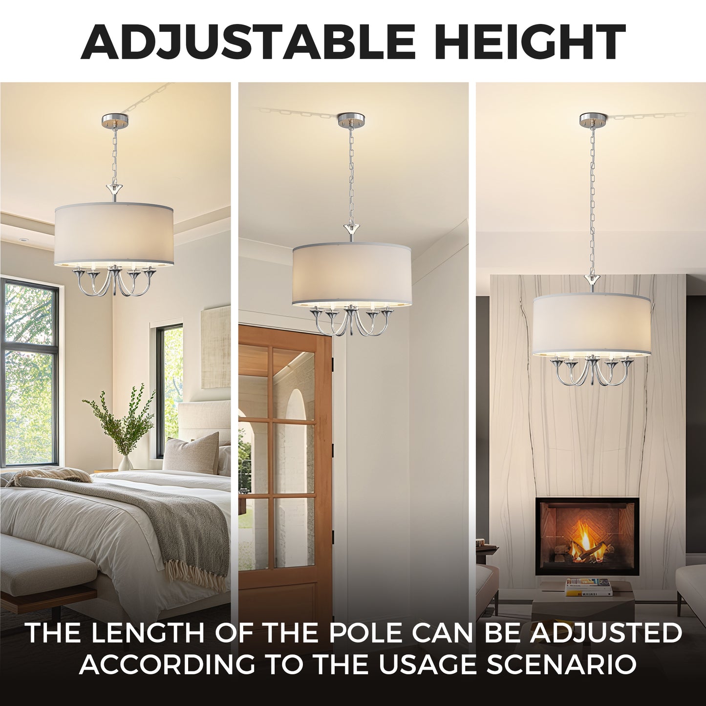 YANSUN 80.5 in. 5-Light Silver Drum Chandelier Modern Branch Arm Pendant Light E12 Base for Dining Room Kitchen Living Room