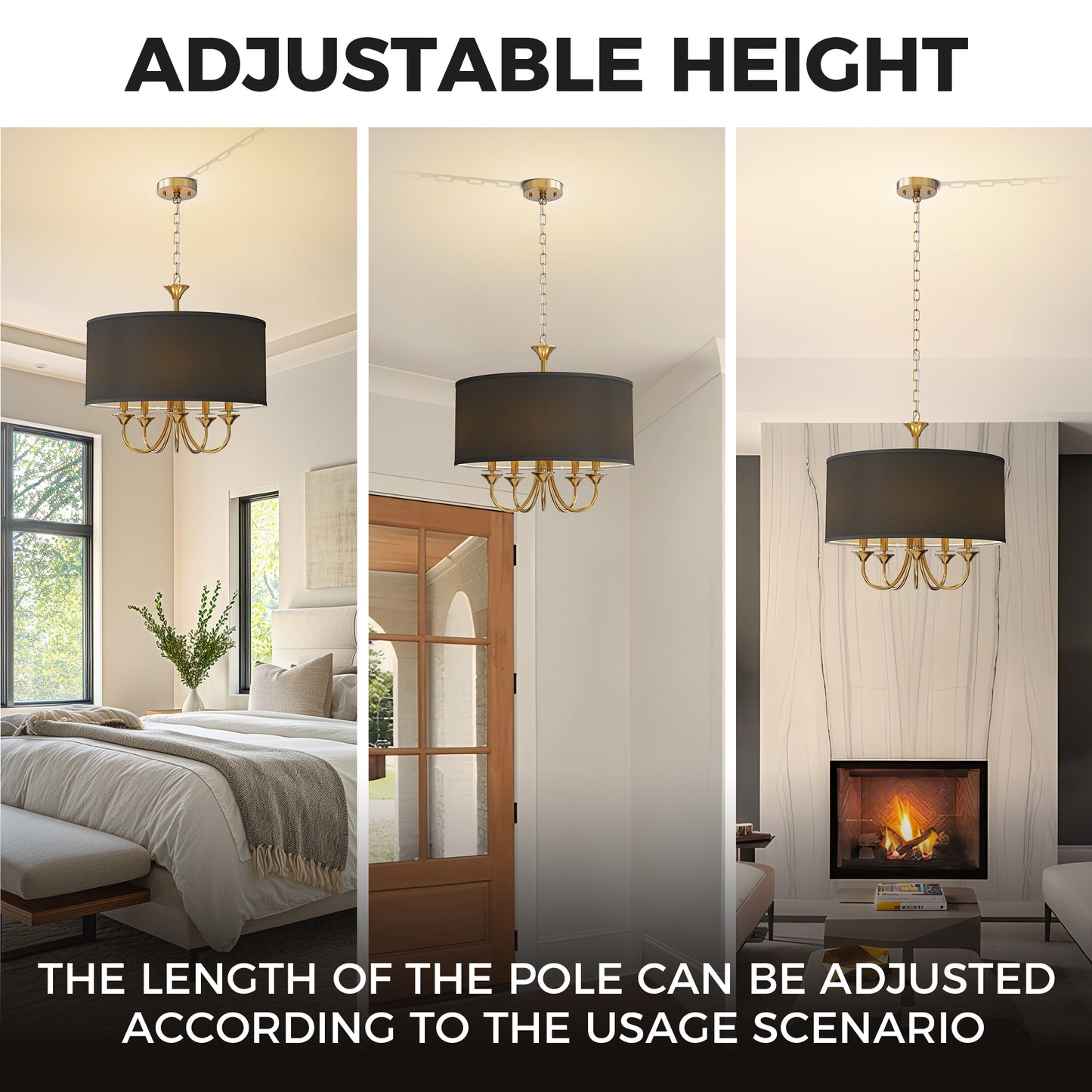 YANSUN 5-Light Gold Drum Chandelier KD Modern Branch Ceiling Light E12 Candle Fixture with Black Shades