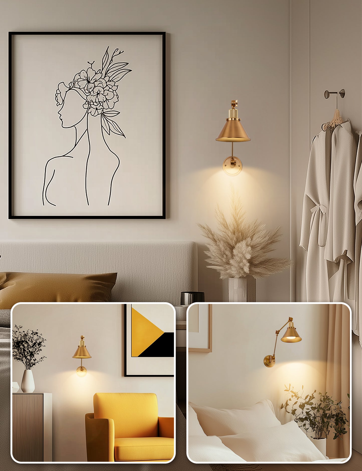 YANSUN 13 in. 1-Light Modern Adjustable Gold Wall Sconce with Swing Arm, Plug-In Vintage Task Light for Living Room
