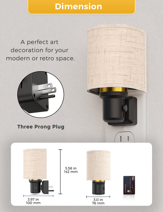 YANSUN 1-Pack 1W Plug-In Dimmable Night Light with Fabric Shade, Warm 2700K LED, Slide Dimmer, US 3-Prong Plug ???¡ì?C Black Base & Copper Finish Accent