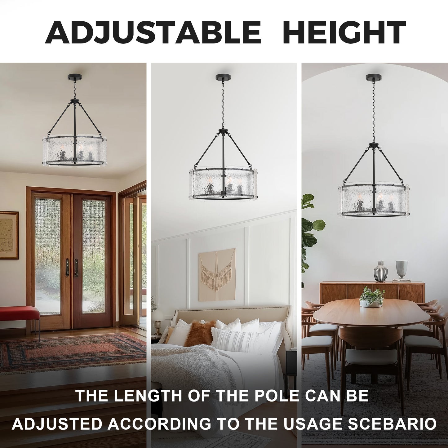 YANSUN 5-Light Black Drum Chandelier Pendant Light with Glass Shade and E12 Base for Dining Room, No Bulbs Included