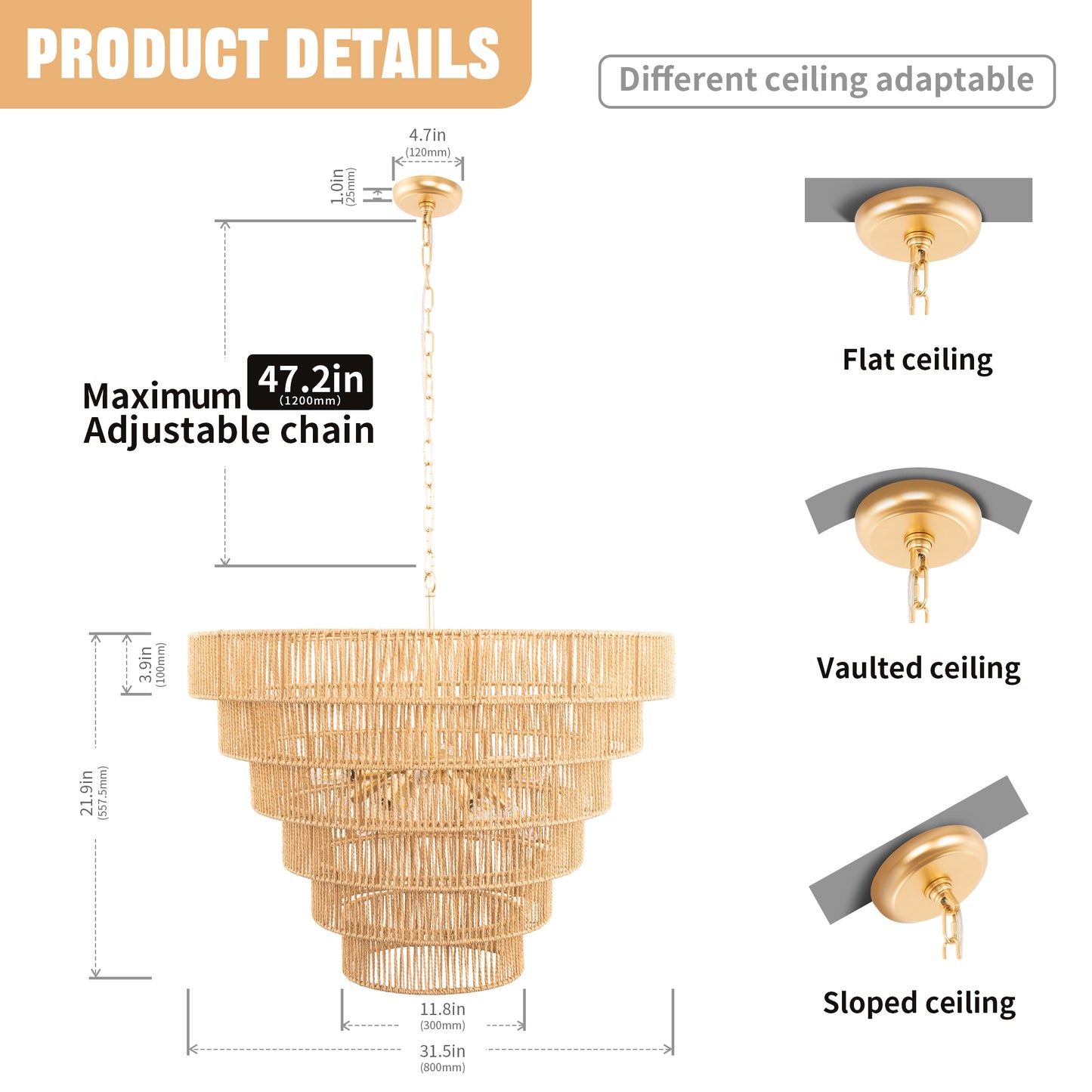 YANSUN 12-Light Boho Chandelier, 6-Tier Copper Finish, Rattan Shades, E12 Base, Non-Integrated Bulbs, Ideal for Living & Dining Spaces