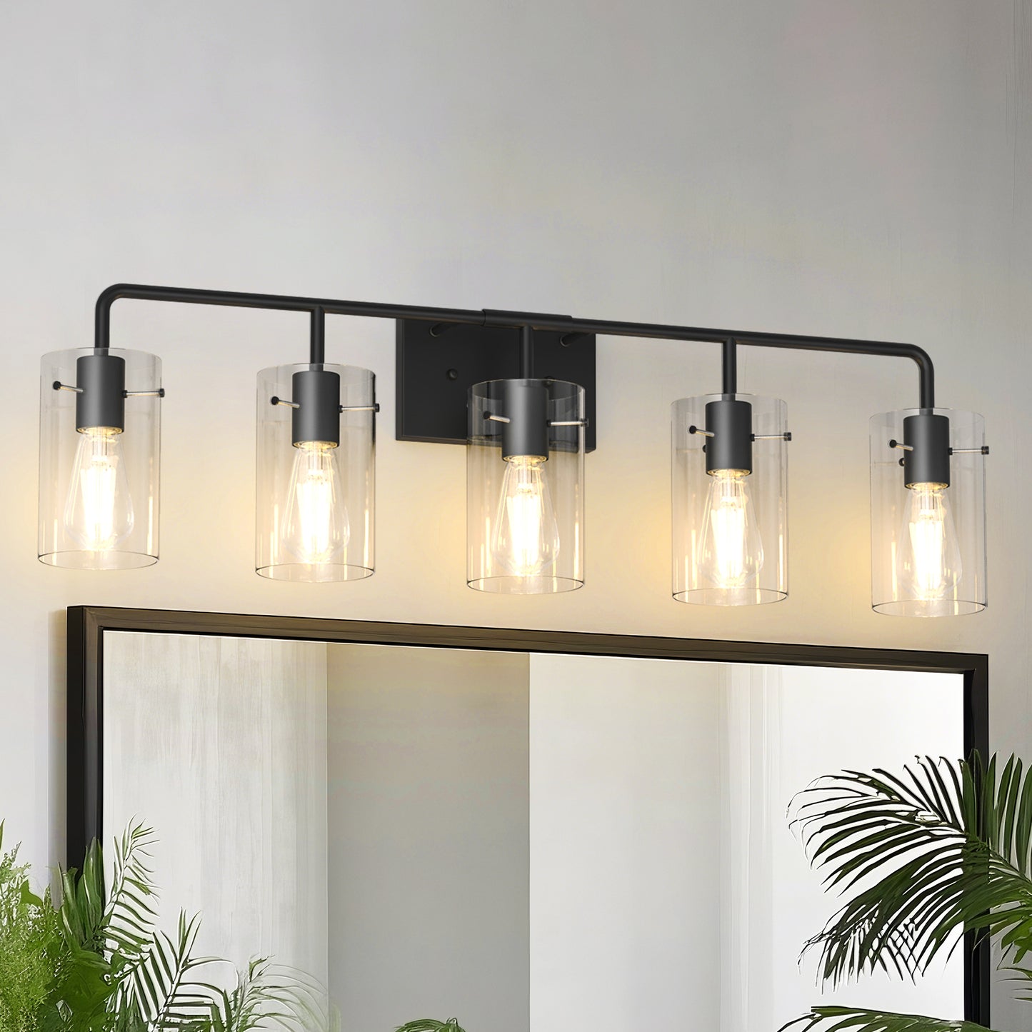 YANSUN 34 in. 5-Light Black Metal Vanity Light with Clear Glass Shade Bathroom Fixture for Modern Farmhouse Style Spaces