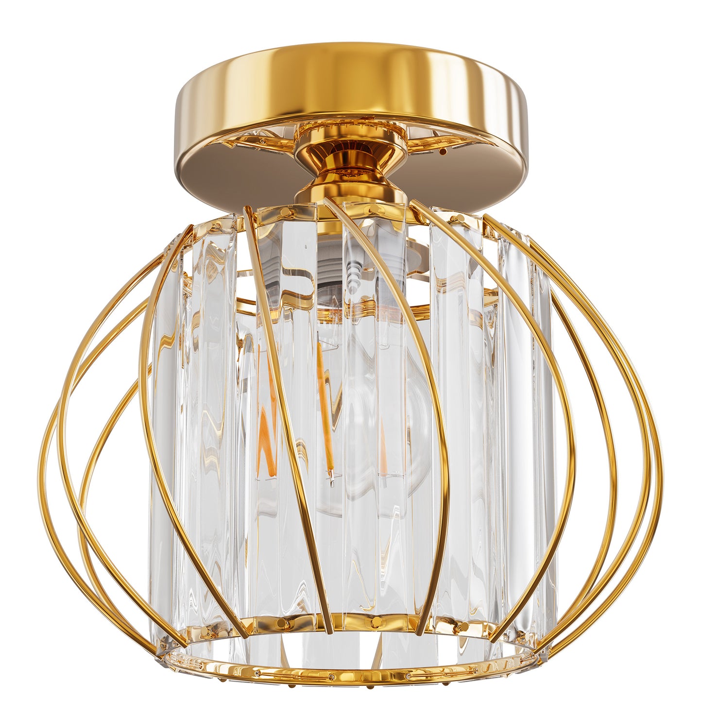 YANSUN 7 in. 1-Light Modern Gold Semi Flush Mount Ceiling Light with Clear Crystal