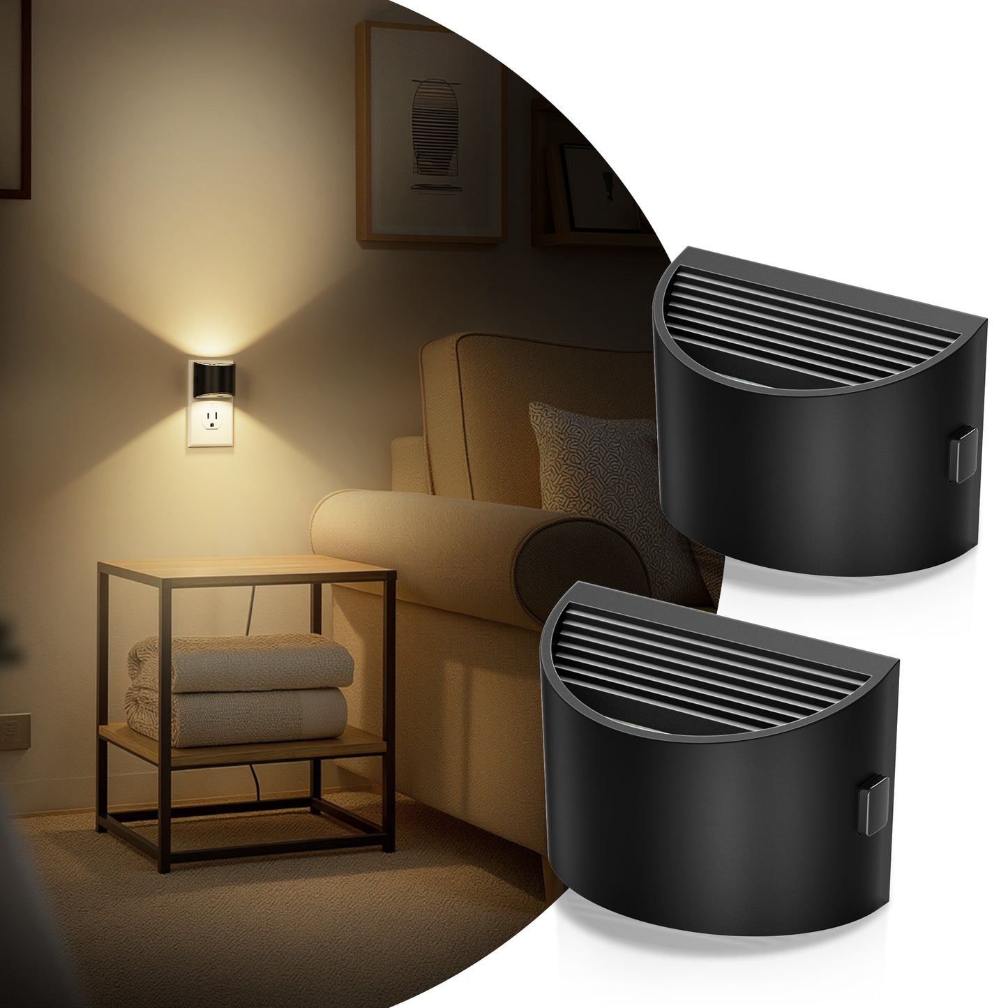 YANSUN 1W Plug-In Night Light with Light Sensor and 3-Level Touch Dimming, Wall Sconce-Style Warm 3000K LED, 2-Pack