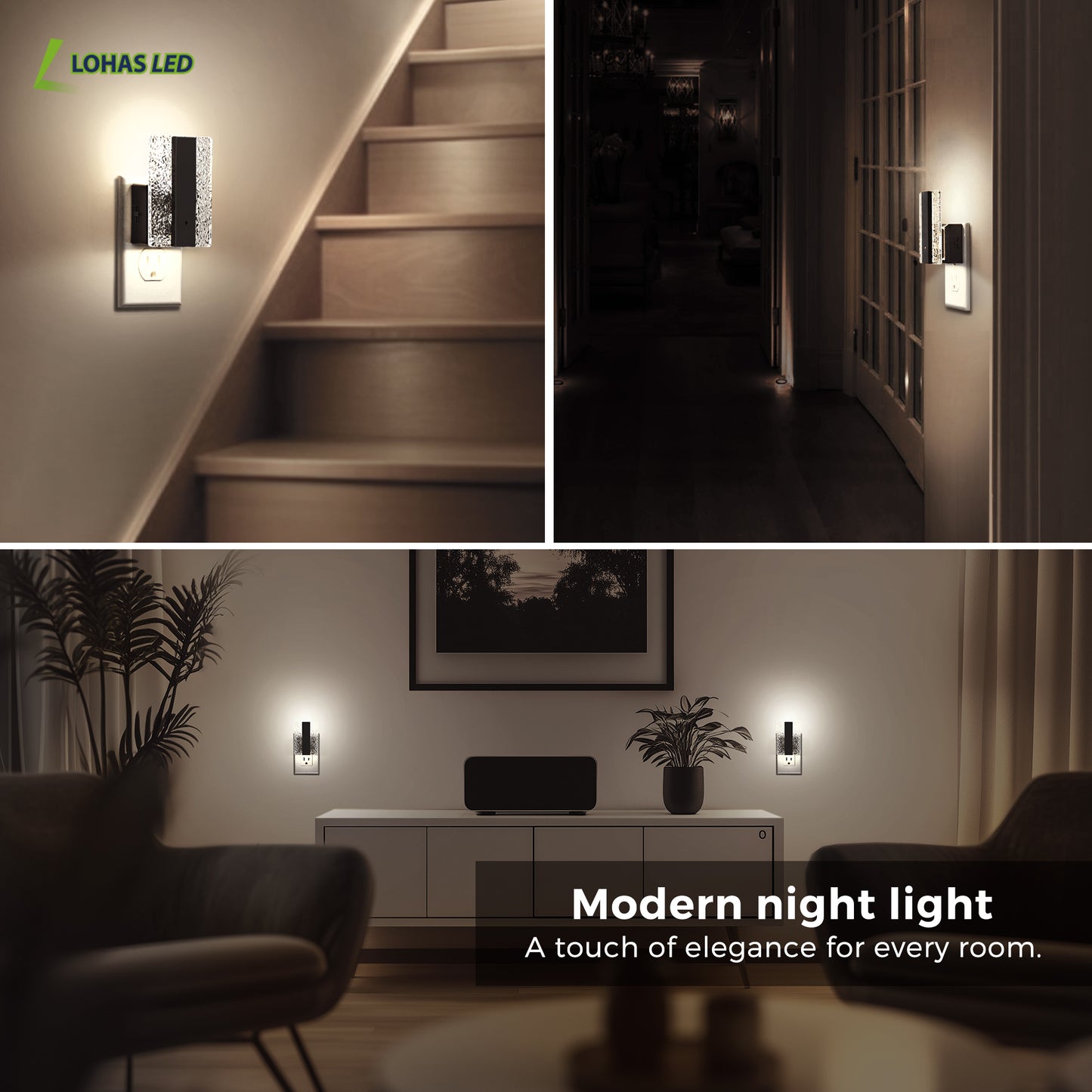 YANSUN 1-Watt Modern Square Plug-in Integrated LED Night Light with Light Sensor, Crushed Acrylic, White 5000K, Black, 2-Pack