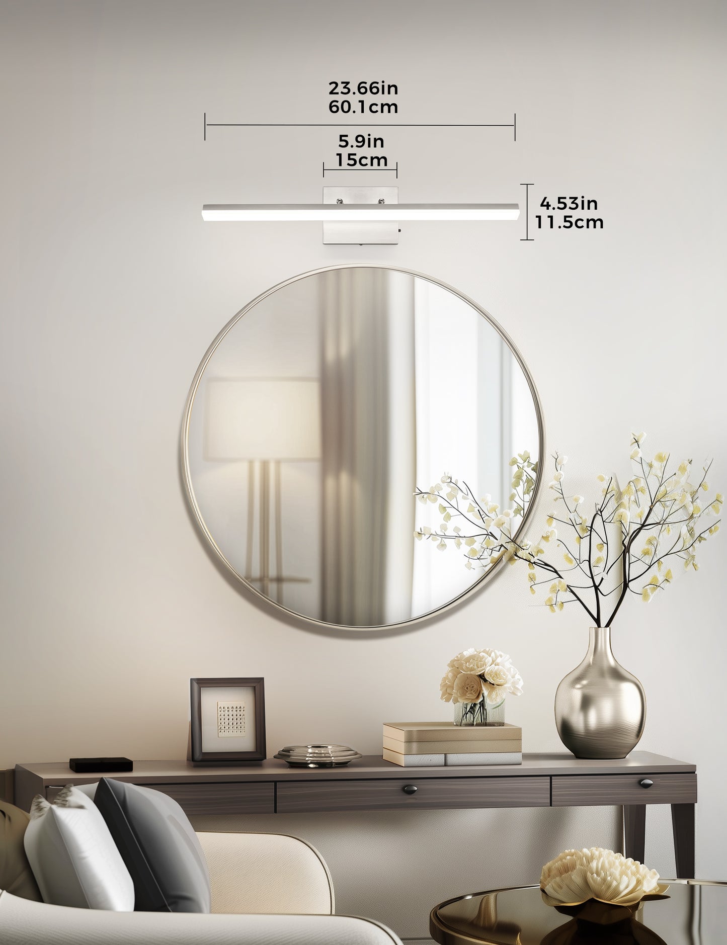 YANSUN 1-Light LED Vanity Fixture 24W Sand Nickel Finish 23.6in Dimmable