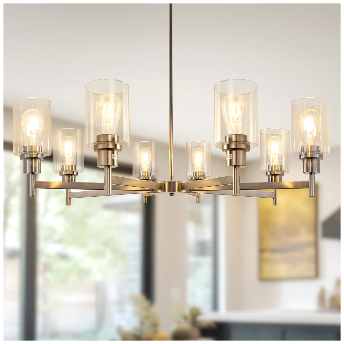YANSUN 8-Light Brushed Nickel Industrial Chandelier with Clear Glass Cylinder Shades, perfect for Dining Room and Living Room