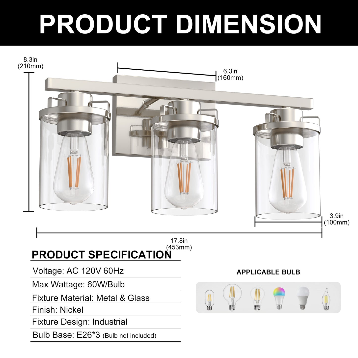 YANSUN 3-Light Vanity Light Wall Sconce in Satin Nickel with Straight Rod and Clear Glass Shades, E26 Base, No Bulbs Included
