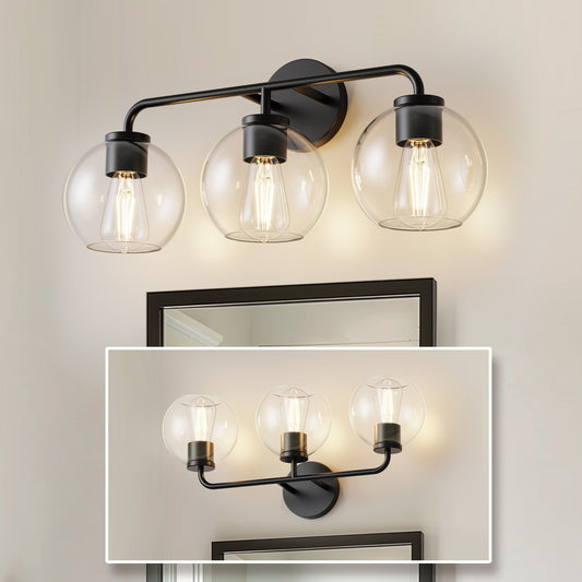YANSUN 22.7 in. 3 Light Black Vanity Light with Clear Globe Shades Modern Round Wall Mount Wall Light for Bathroom E26 Base