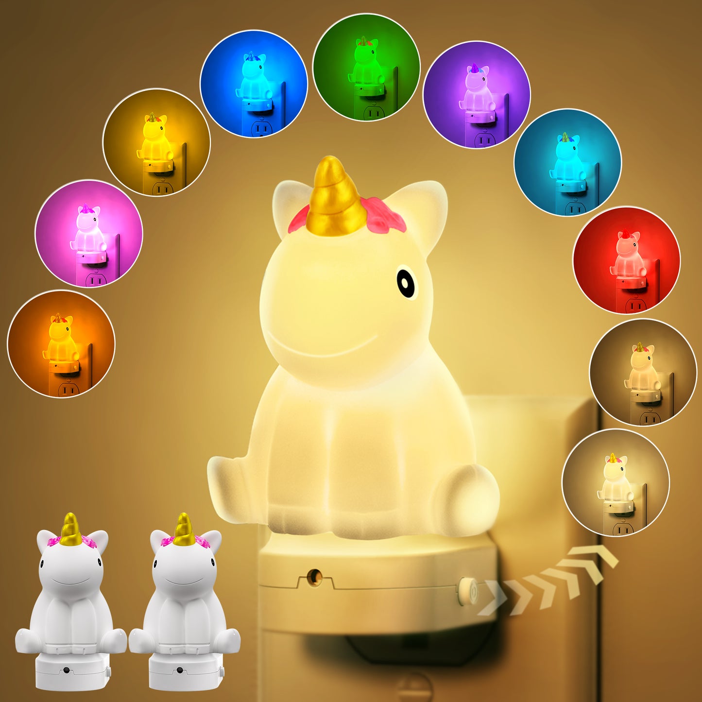 YANSUN 1-Pack 0.5W Plug-in Light-Controlled Night Light, Unicorn Shape, White Shell, 3000K RGB Gradient, Button-Activated Color Change, Thin Base